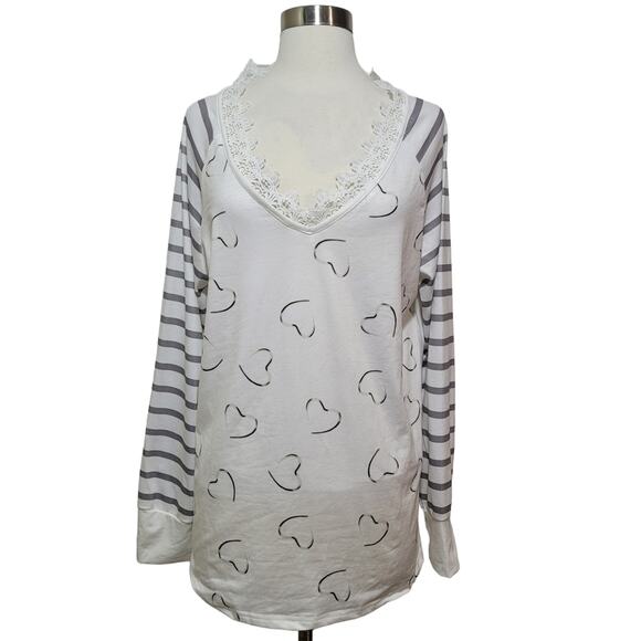 NORACORA Womens White Gray Stripe Heart V-Neck Crochet Long Sleeve Top Size L - Picture 1 of 9
